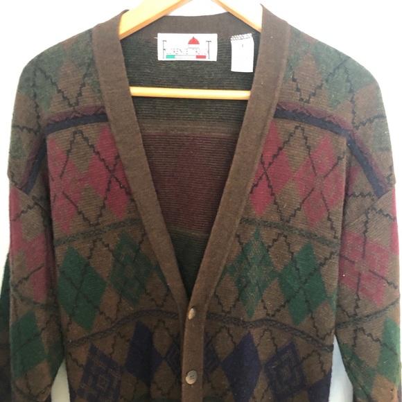 Italian Brown Argyle Wool Blend V-Neck Cardigan Grandpa Menswear Sweater - Picture 13 of 16